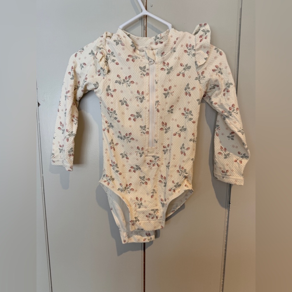 Quincy Mae Cream Floral Long-Sleeve One-Piece Bodysuit